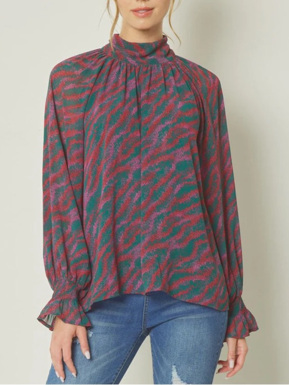 Entro Tie Neck Green Pink Red Striped Abstract Long Sleeve Blouse Size Small.